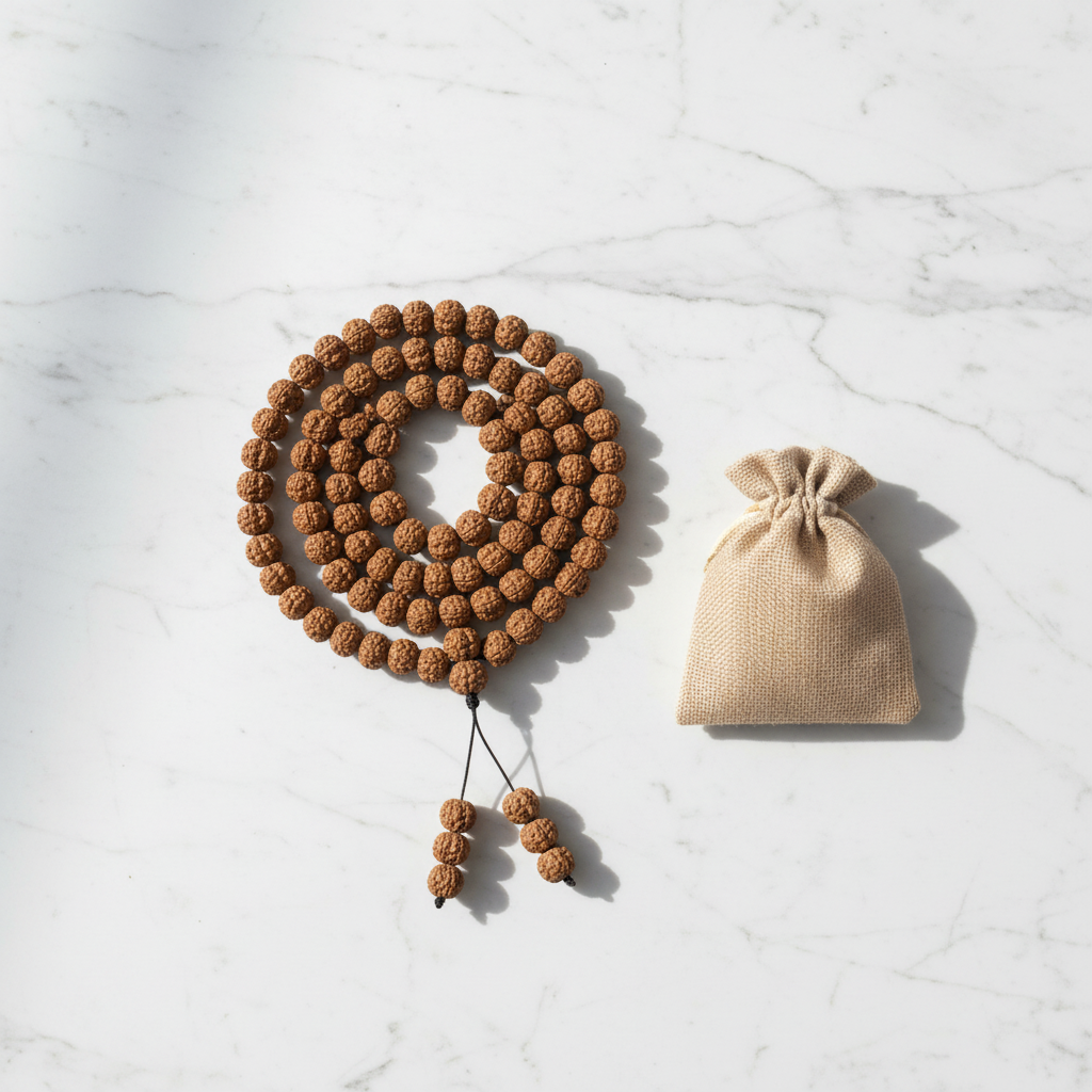 Mala rudraksha flatlay con sacchetto di juta