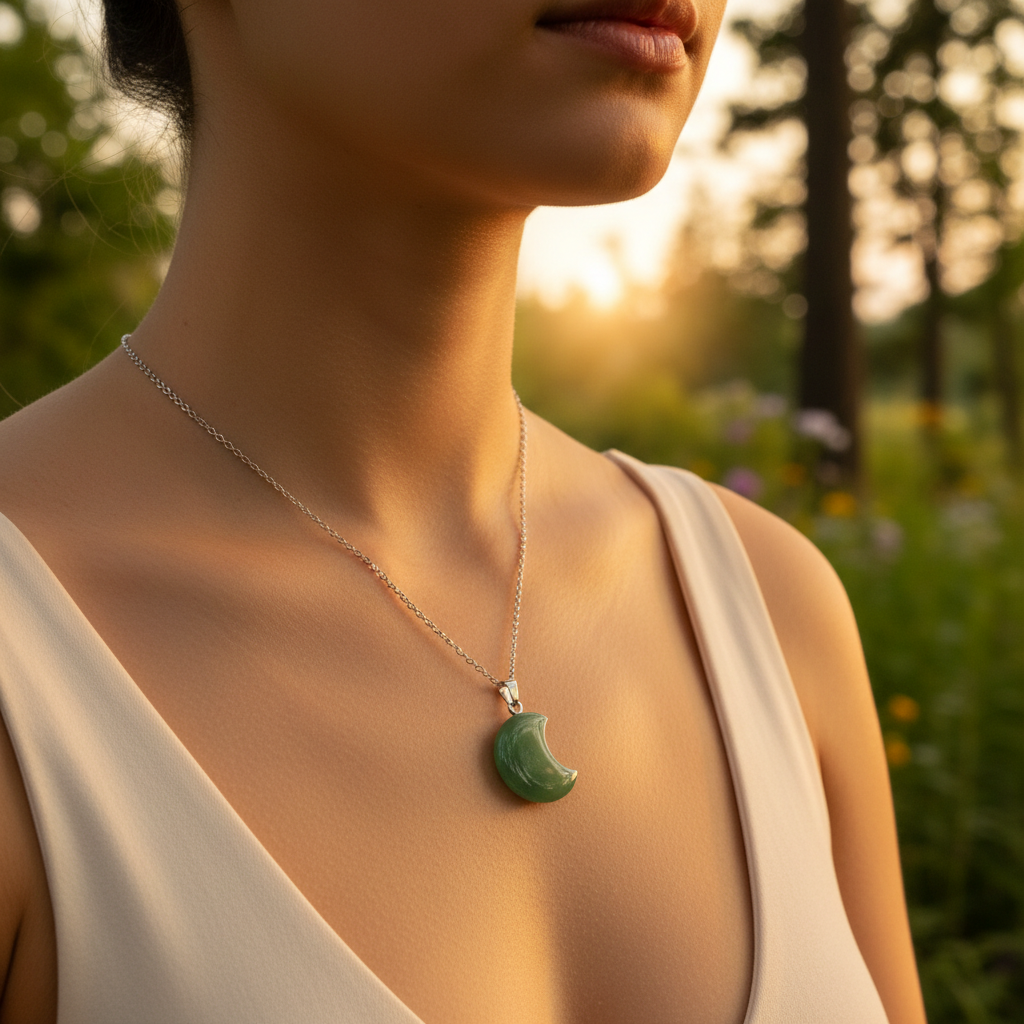 Collana Luna Avventurina Verde indossata - luce dorata