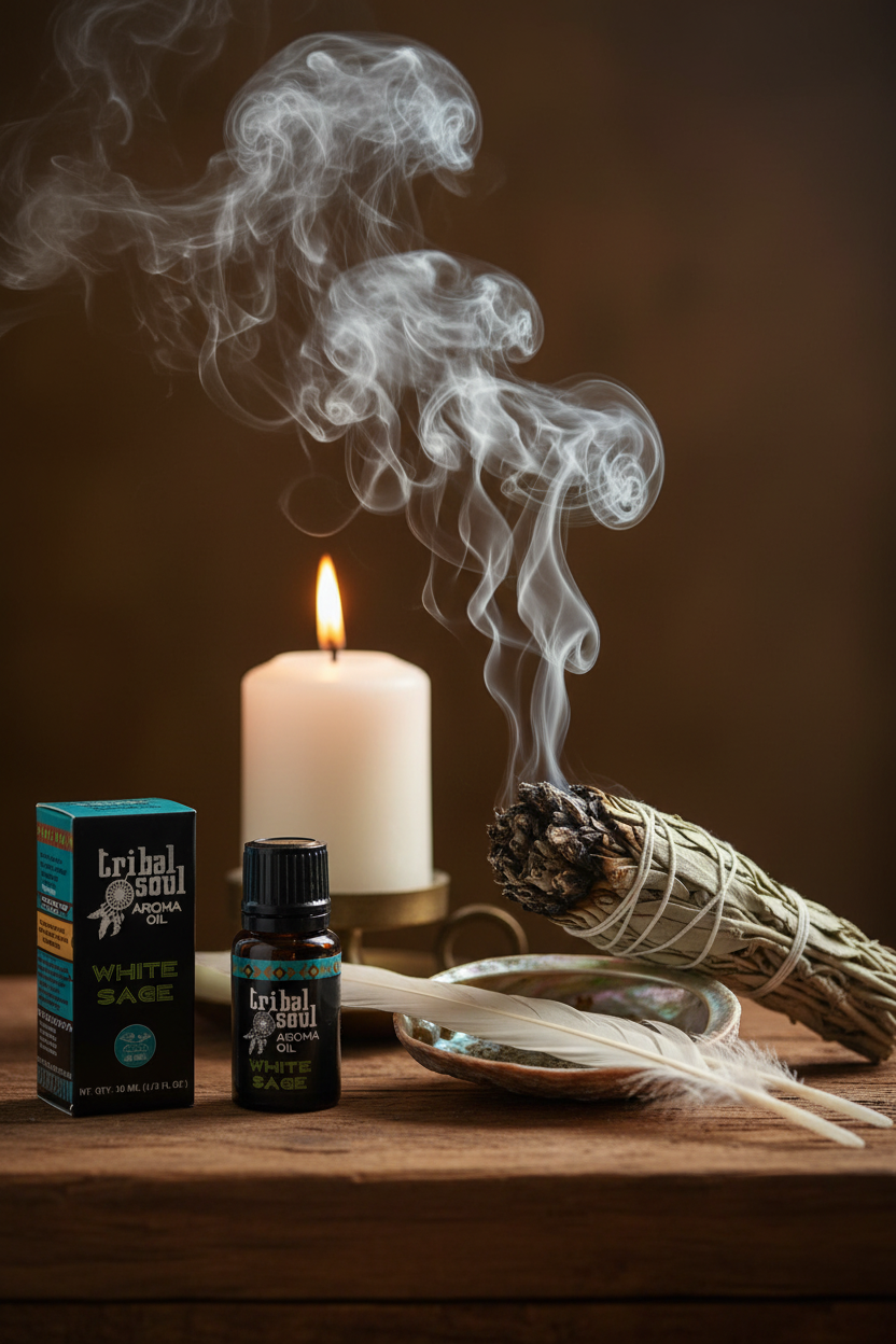 Olio aromatico Tribal Soul White Sage - altare rituale con candela e salvia fumante