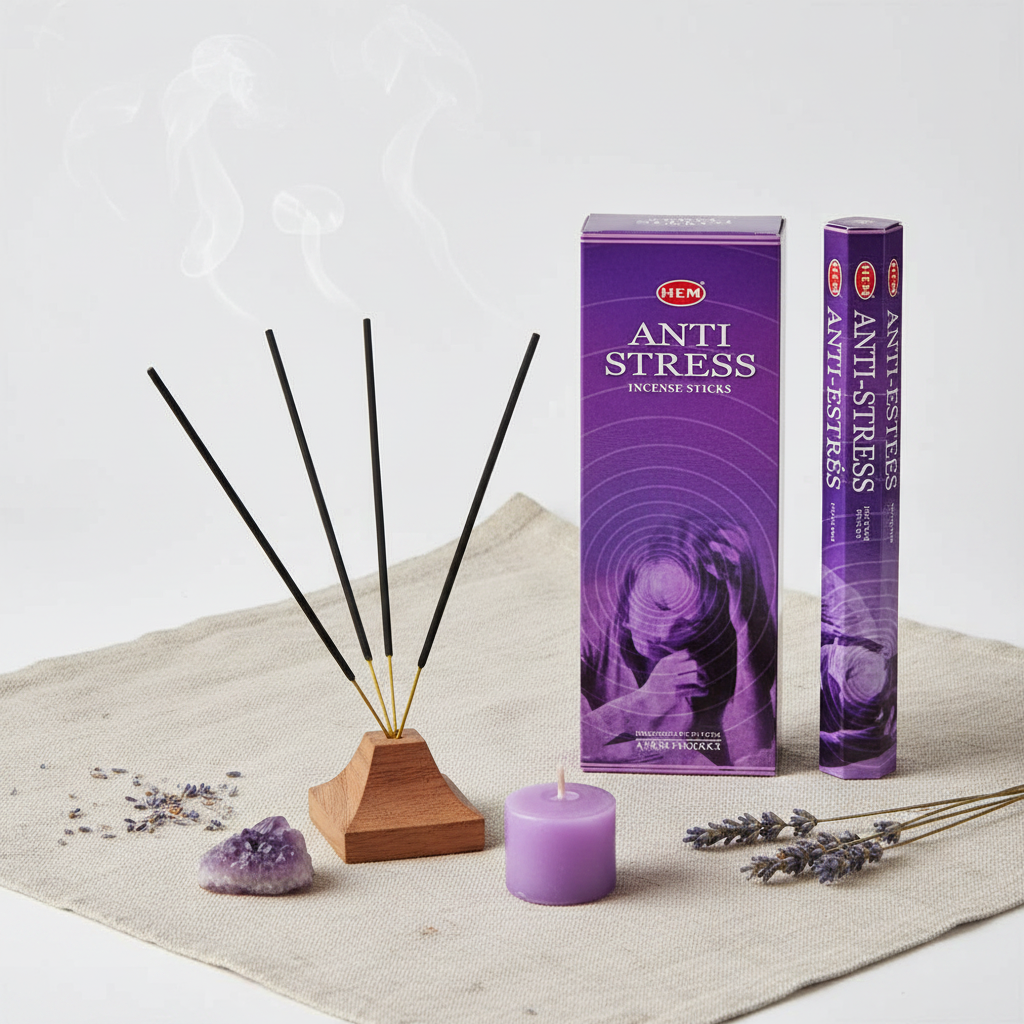 HEM Anti-Stress incensi - lifestyle su lino con ametista e lavanda