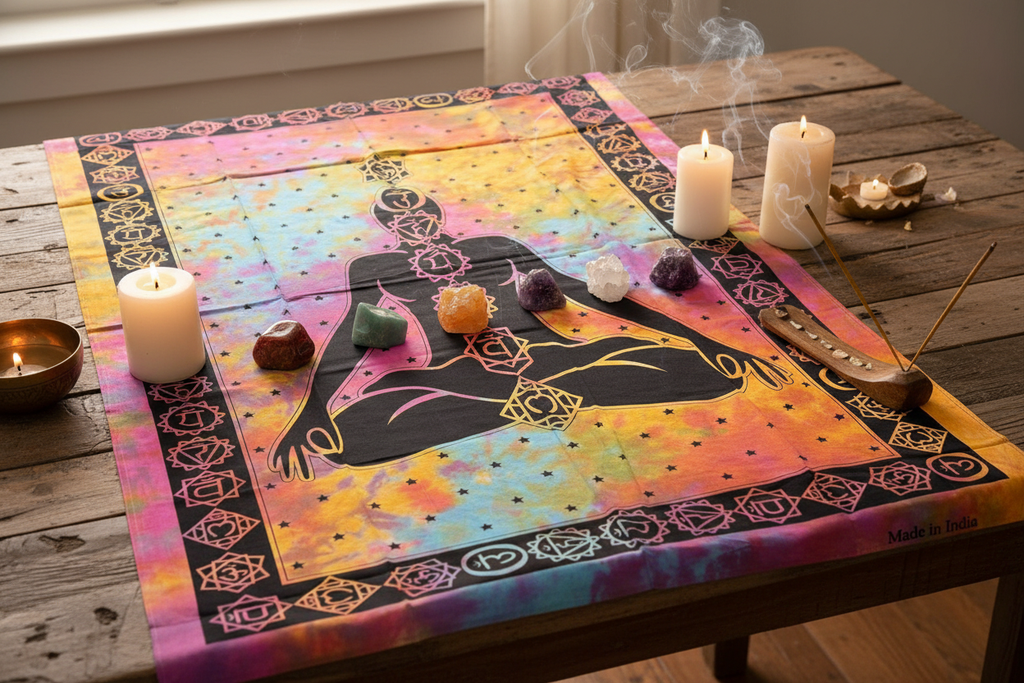 Telo 7 Chakras come copritavolo altare con cristalli