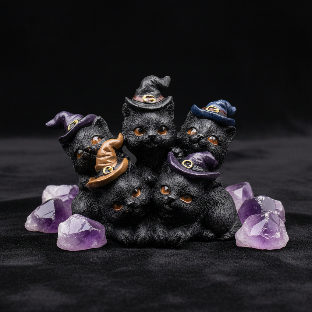 Statuina famiglia di gatti Wicca macro su velluto nero con ametiste