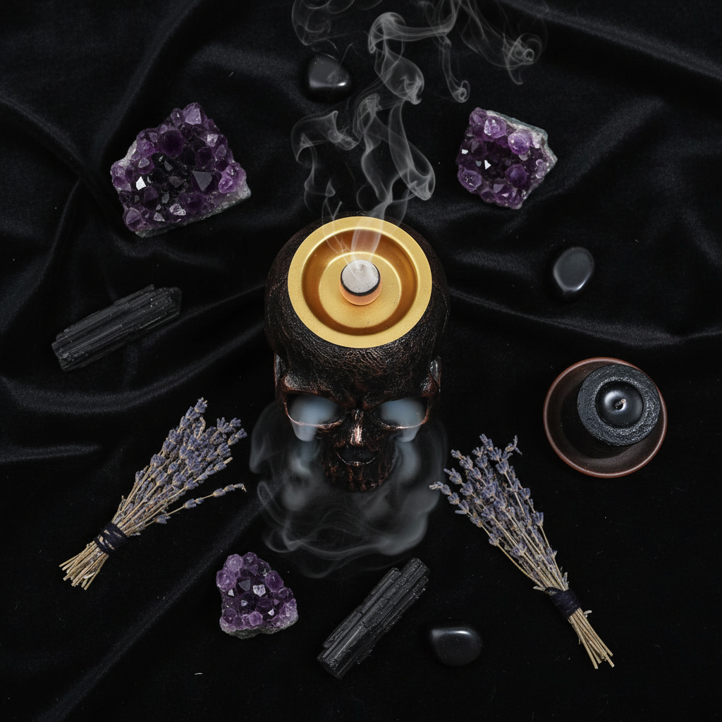Bruciatore Teschio - flatlay velluto nero con cristalli