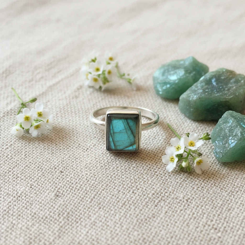 Anello labradorite verde argento con fiori e cristalli