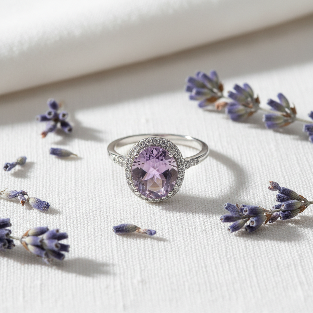 Anello ametista sfaccettata flat lay con lavanda