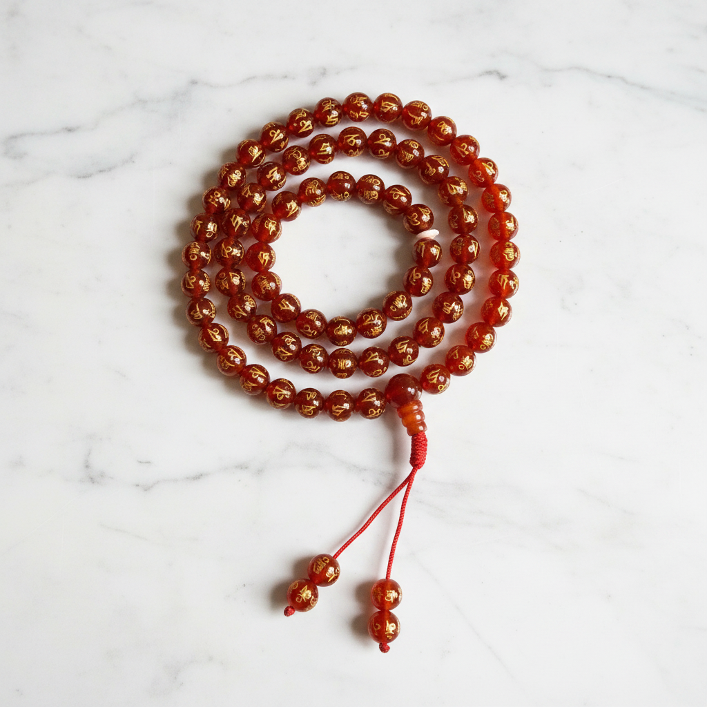 Mala tibetano agata rossa Om Mani - flatlay su marmo