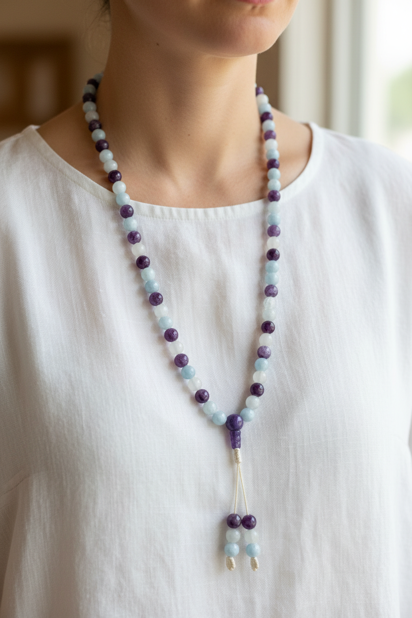 Mala lepidolite acquamarina agata indossata come collana