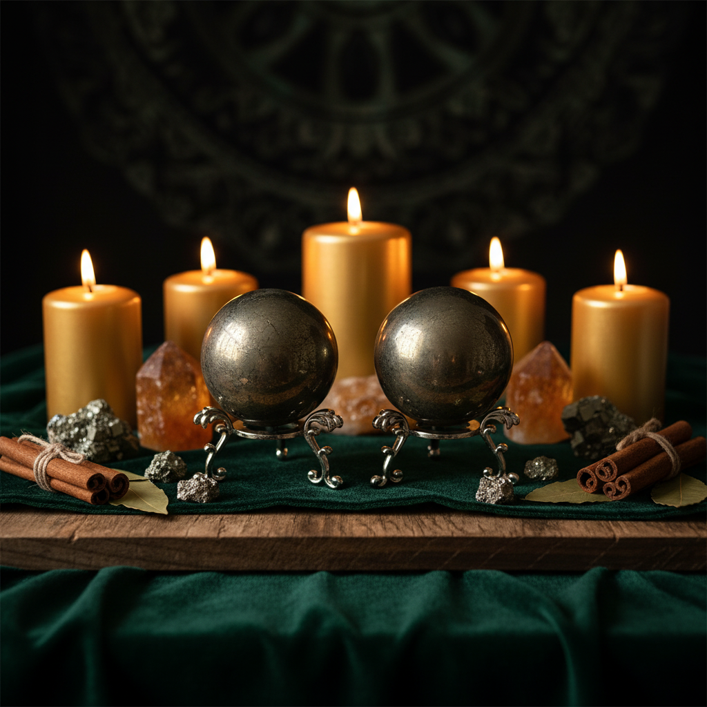 Sfere Pirite - altare abbondanza con candele oro e citrino