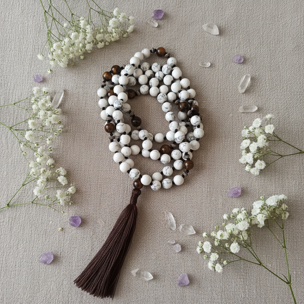 Japamala howlite e occhio di tigre - composizione con fiori e cristalli