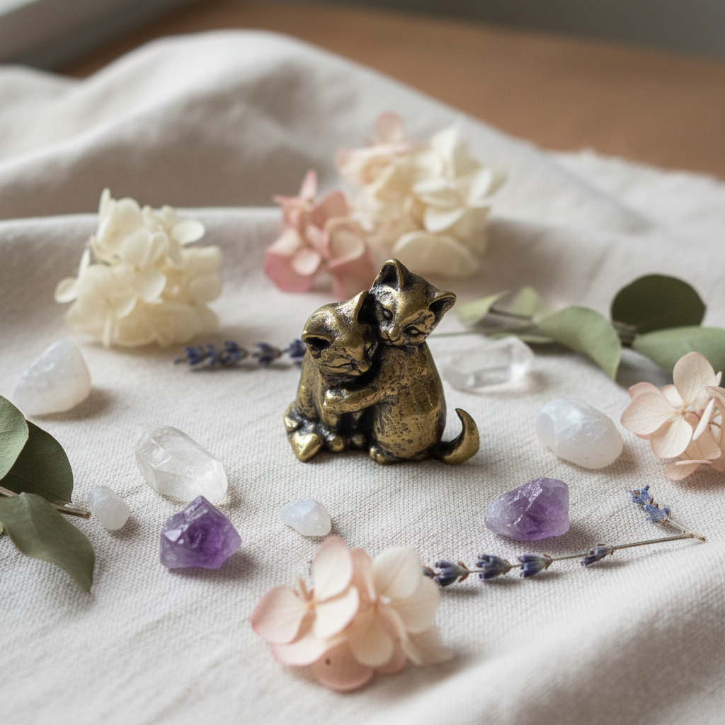 Gattini abbracciati ottone - fiori e cristalli su lino