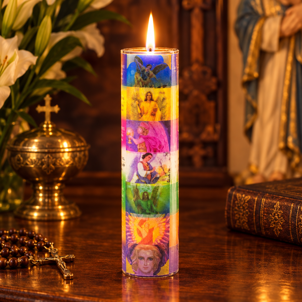 Candela dei 7 Arcangeli accesa su altare