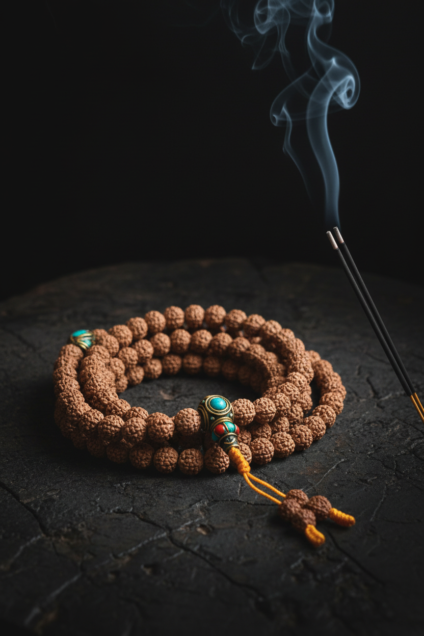 Japamala semi di rudraksha tibetano - con incenso e fumo