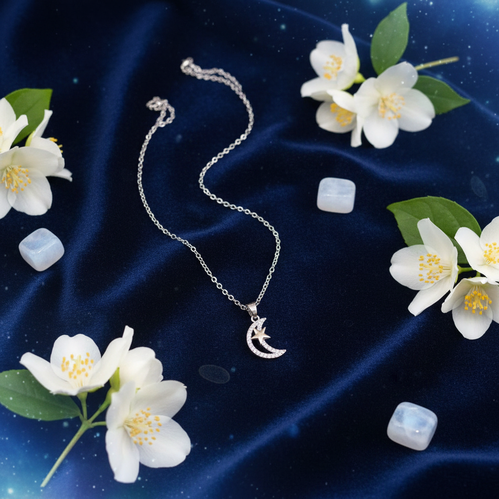 Collana luna e stella zirconi composizione celeste su velluto blu
