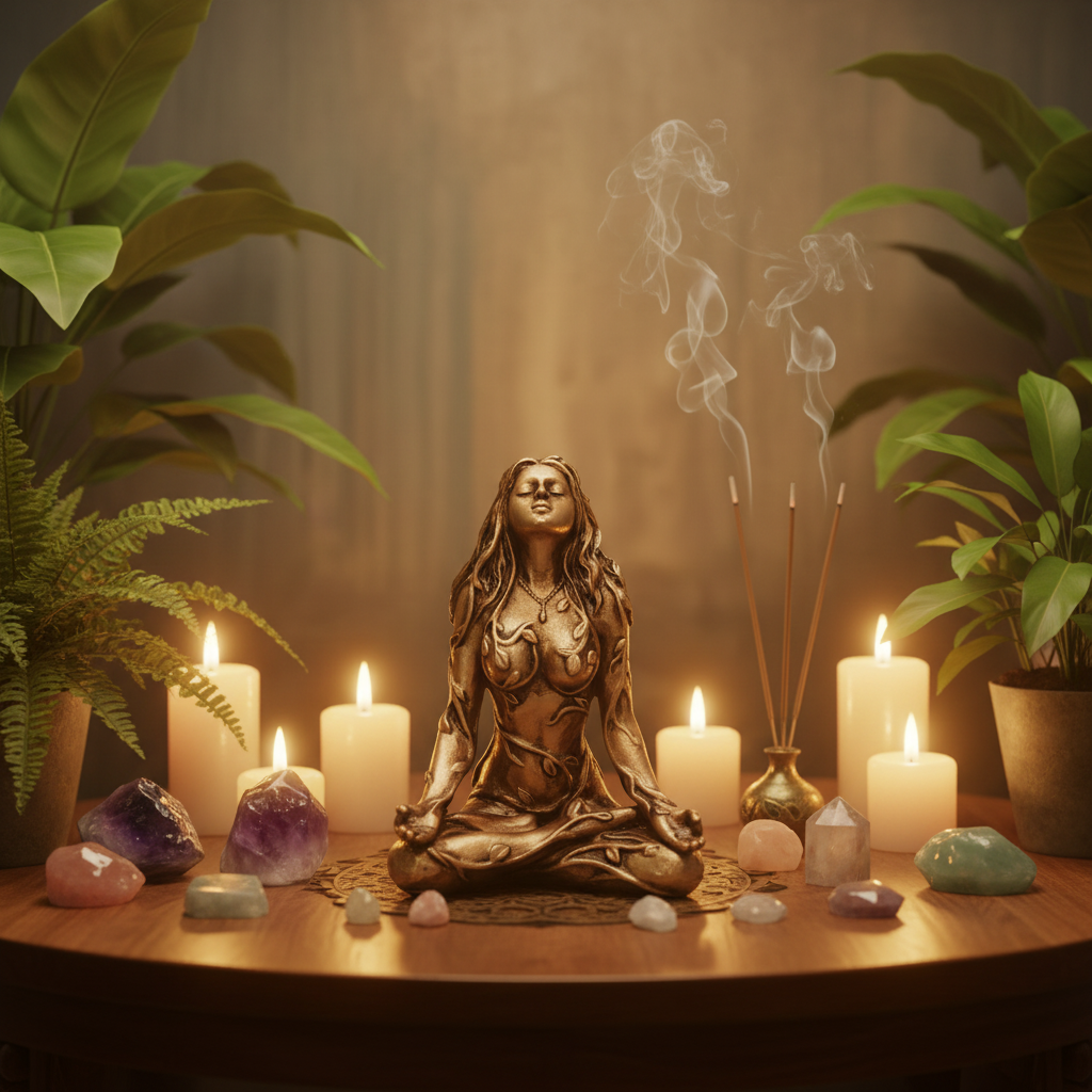 Statua Madre Terra in Meditazione - altare con candele