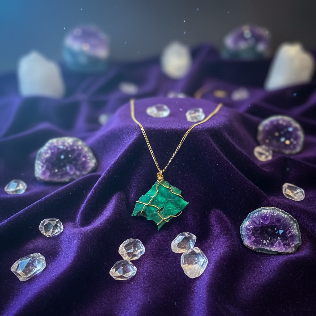 Collana Malachite Grezza Grande Artigianale - sfondo cristalli e ametiste