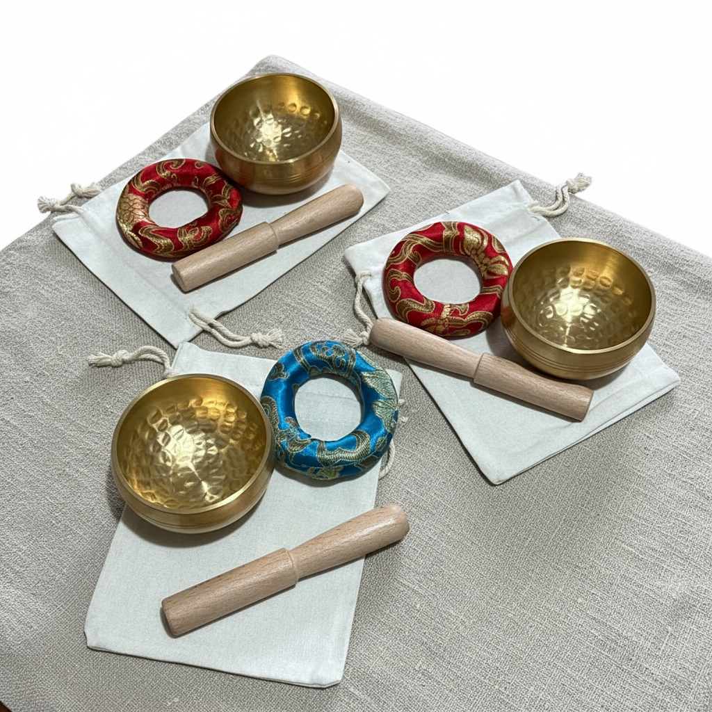 Campane tibetane con sacchetto - lifestyle su lino