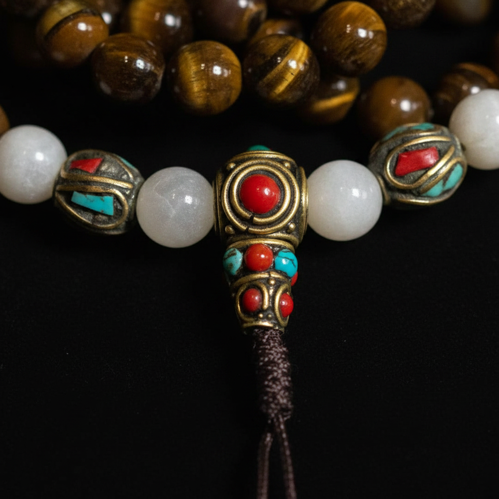 Mala occhio di tigre tibetana macro close-up guru bead