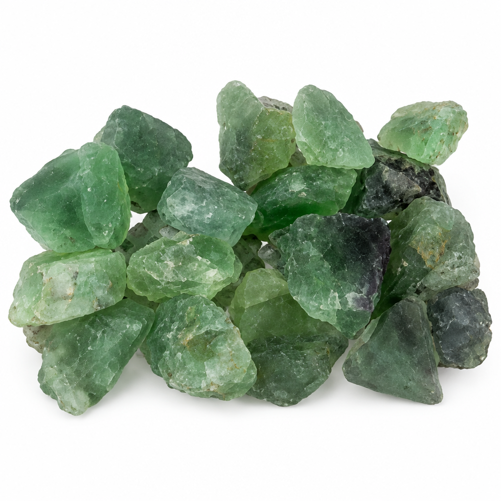 Fluorite verde grezza su fondo bianco