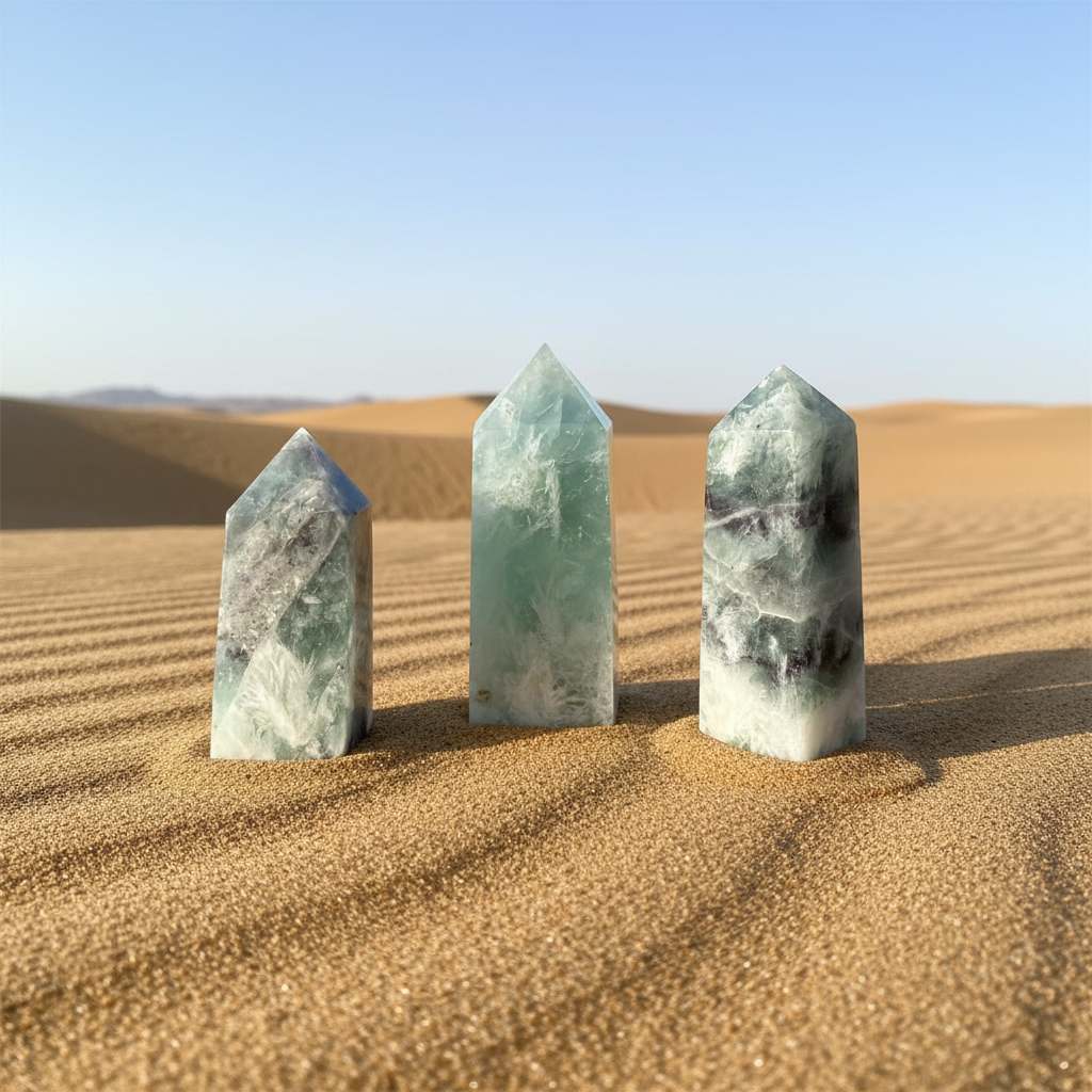 Torri di fluorite verde su sfondo cielo e sabbia