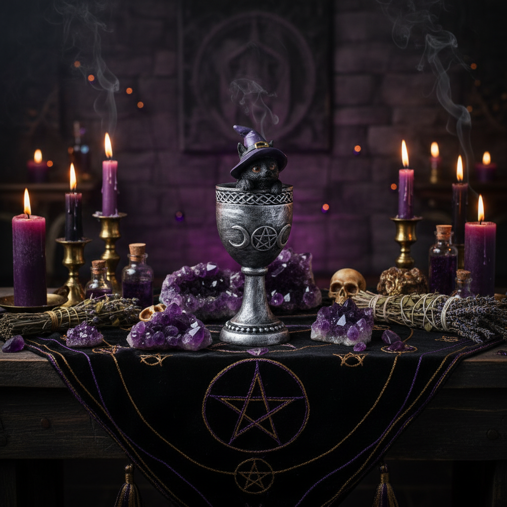 Statuina gatto Wicca con cappello viola nel calice su altare mistico con candele e ametiste
