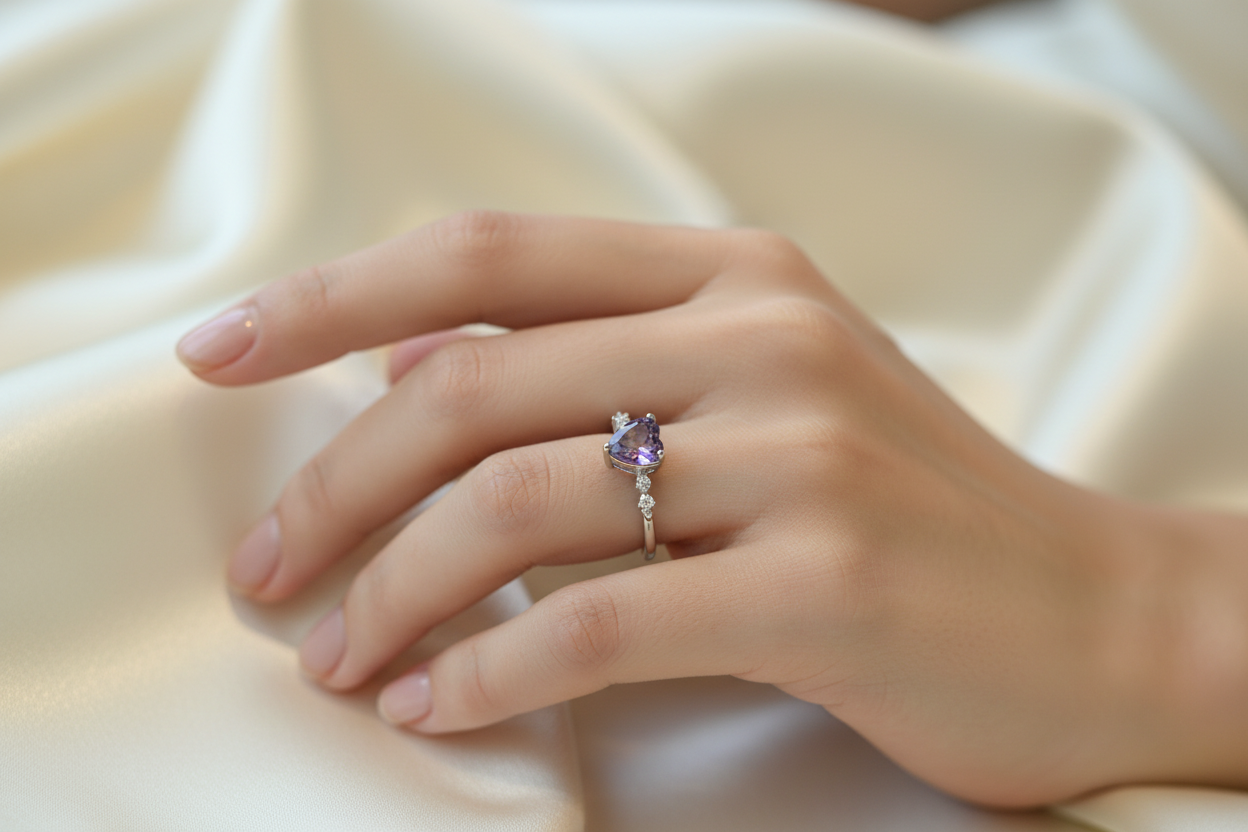 Anello cuoricino ametista indossato - lifestyle shot