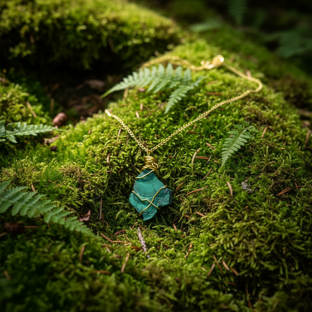 Collana Malachite Grezza Artigianale - sfondo bosco