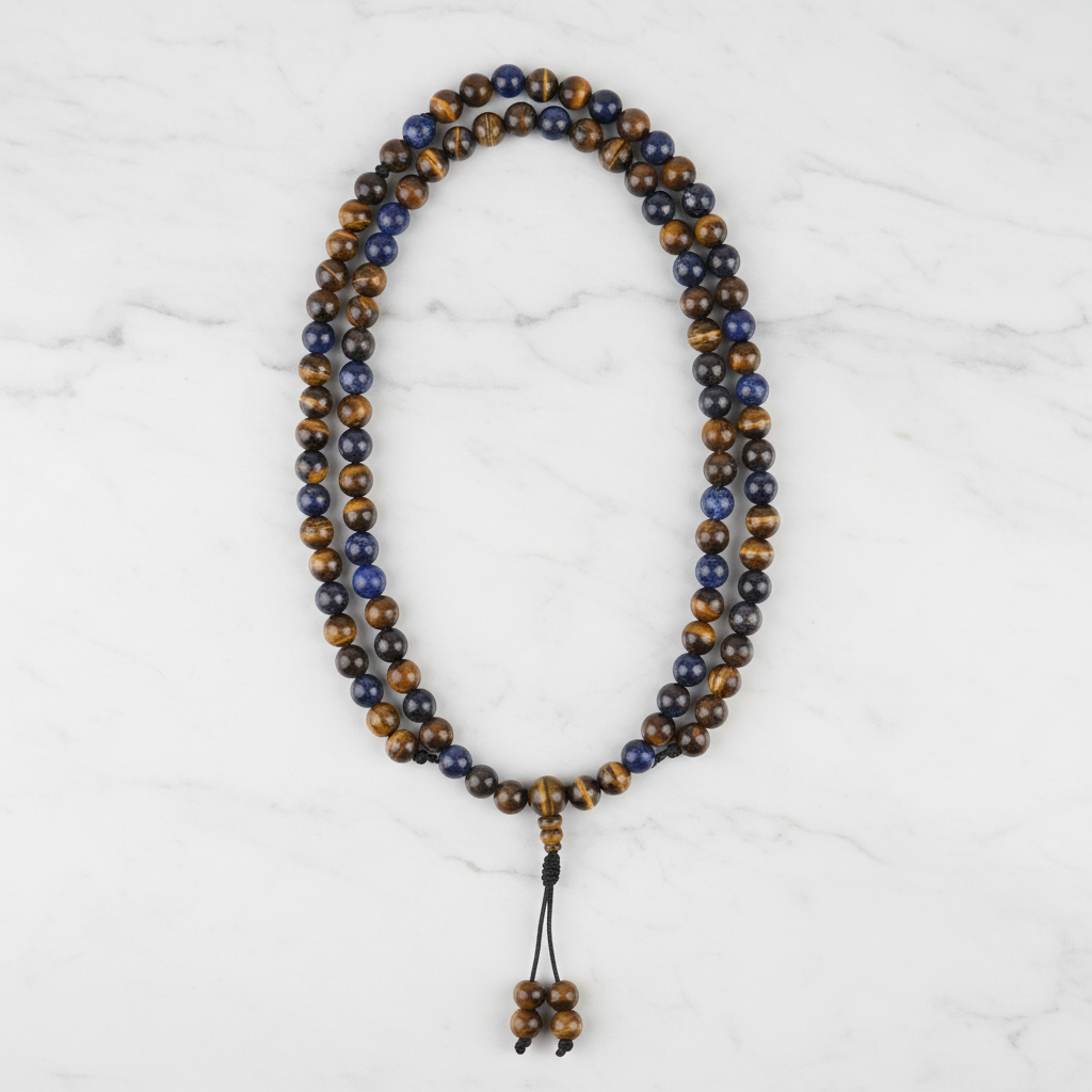 Japamala ematite sodalite occhio di tigre - flatlay marmo bianco