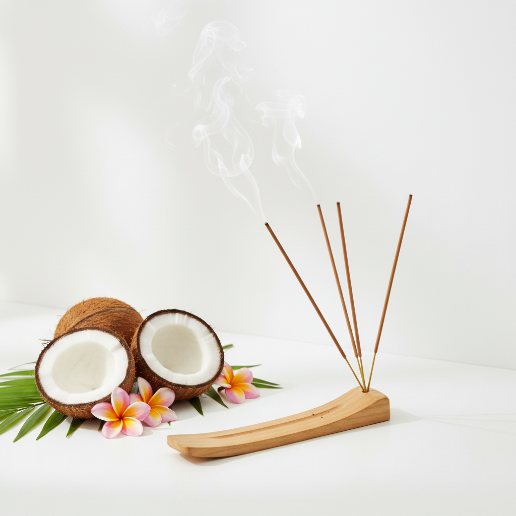 Incensi coco accesi con fumo e cocco fresco