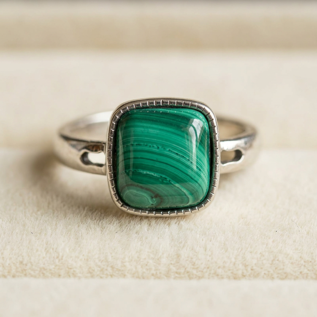 Dettaglio anello 308 con malachite su velluto
