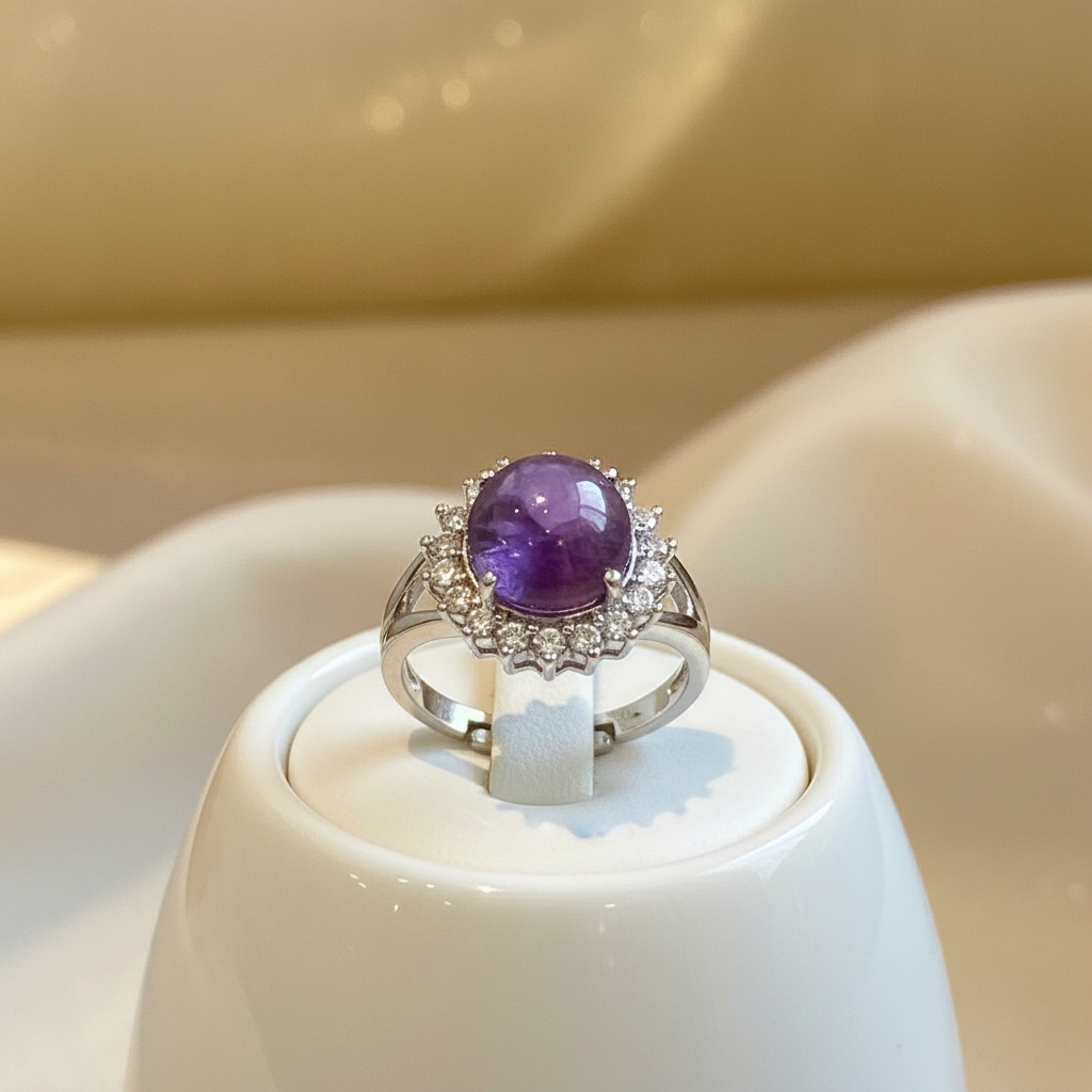 Anello ametista e zirconi su porta-anello in ceramica