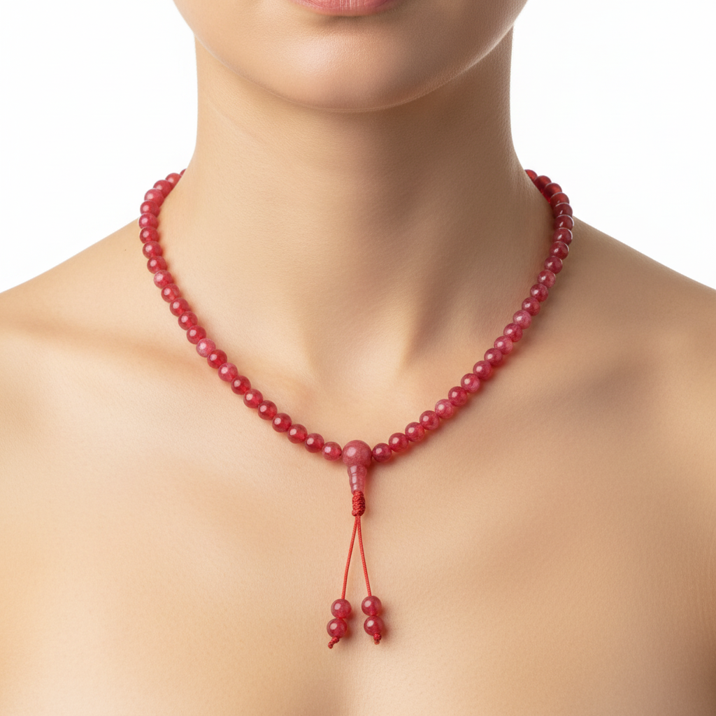 Mala agata rosa indossata come collana