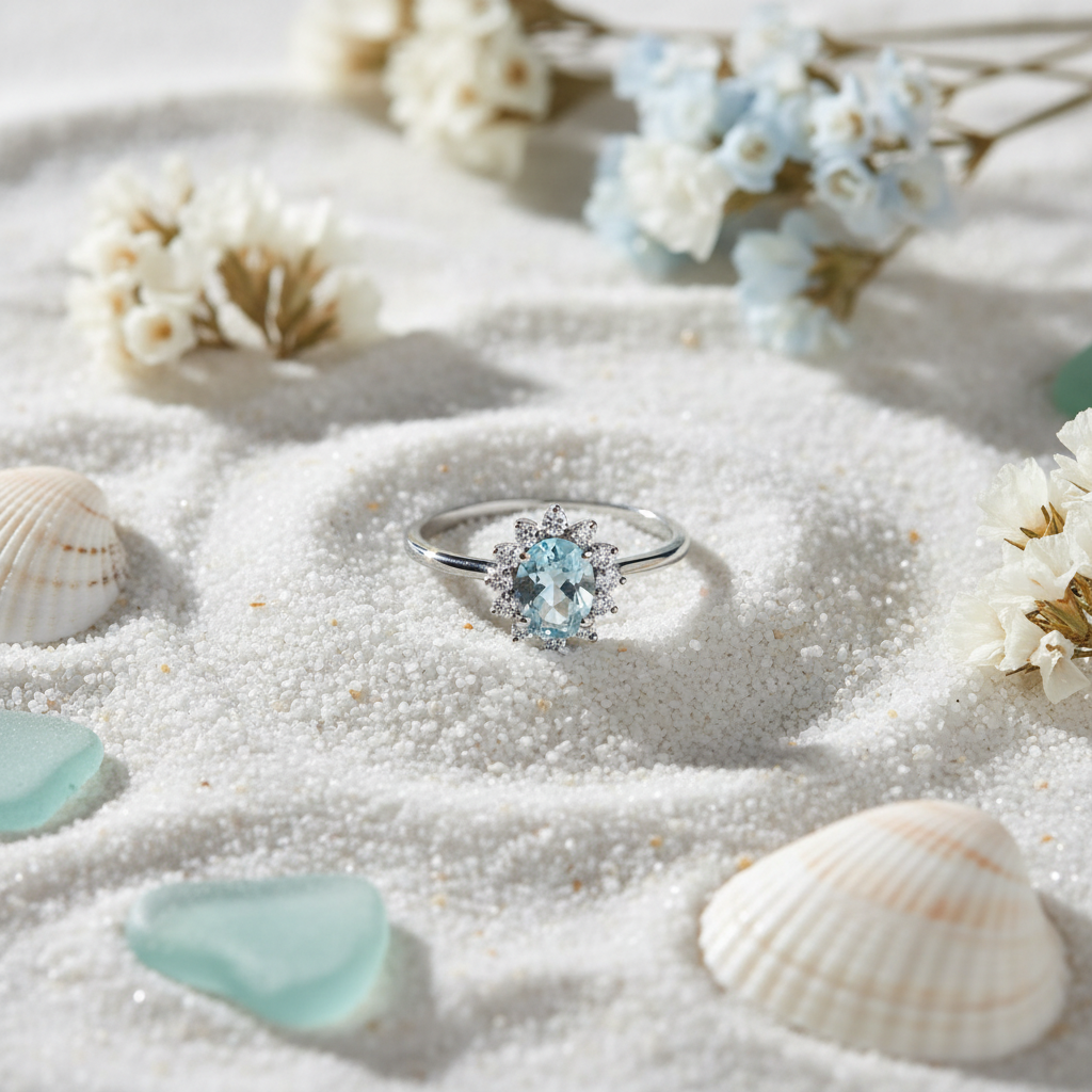 Anello acquamarina e zirconi flat lay su sabbia e conchiglie