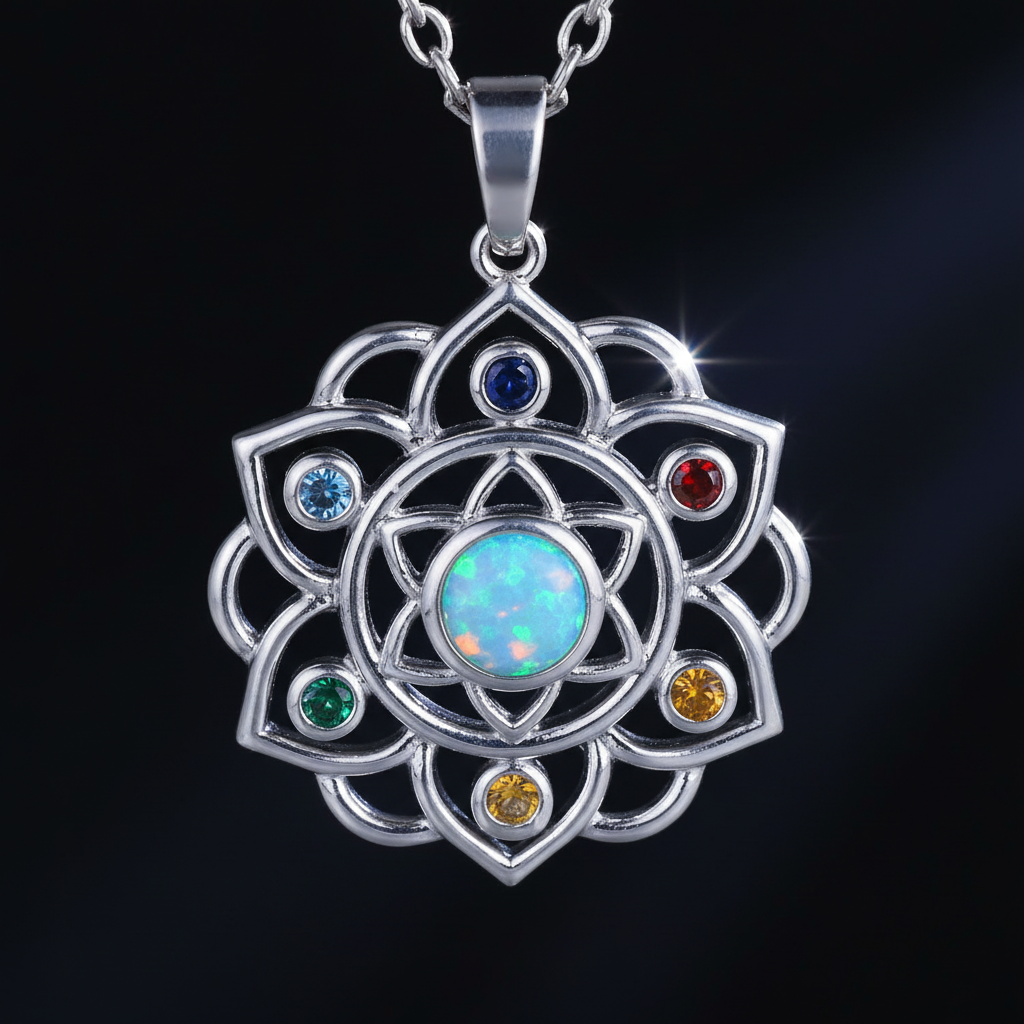 Collana 7 Chakra in Argento con Opale Etiope - close-up chakra e opale