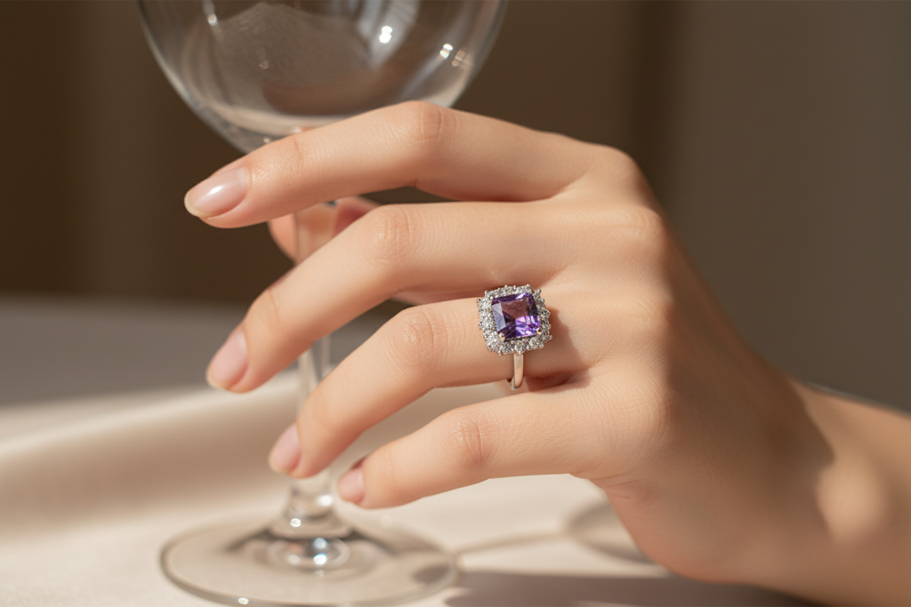 Anello ametista quadrato indossato - lifestyle shot