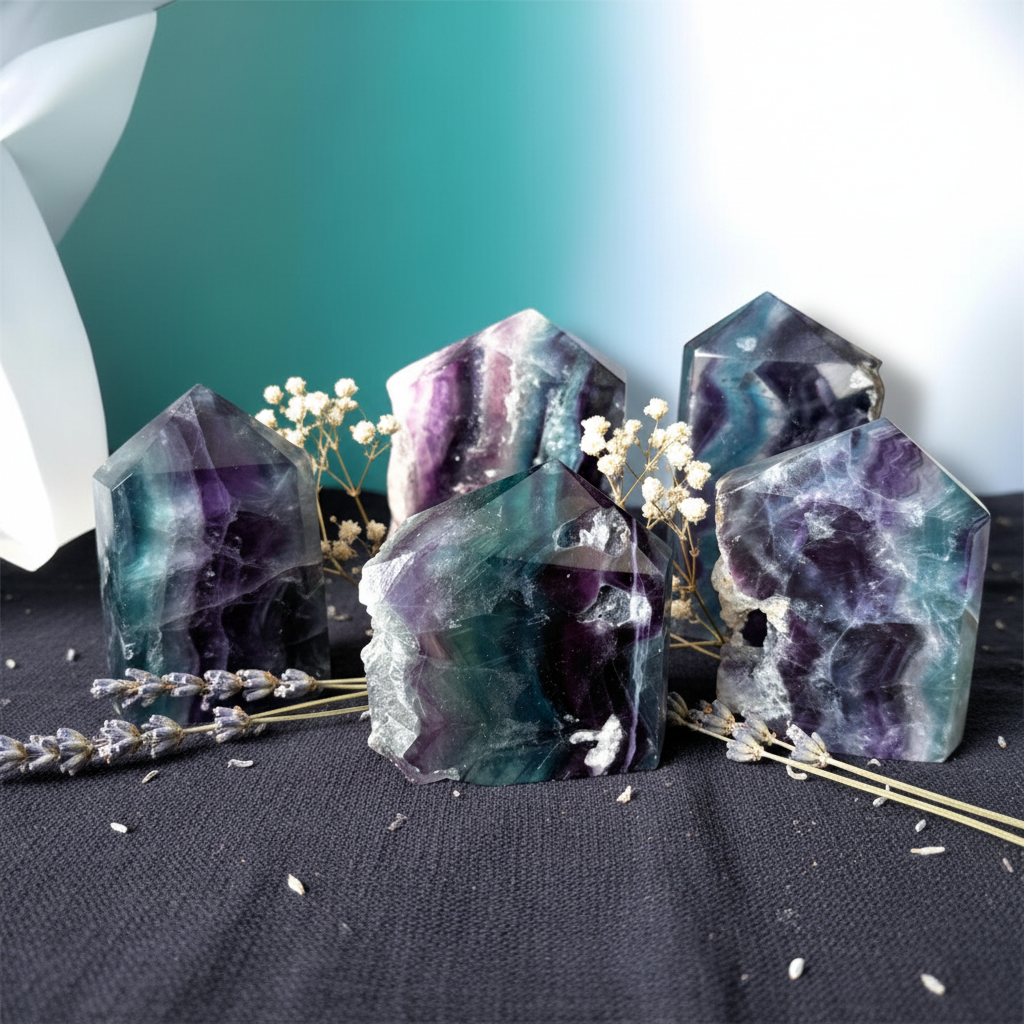 Fluorite Arcobaleno Freeform - con lavanda e fiori