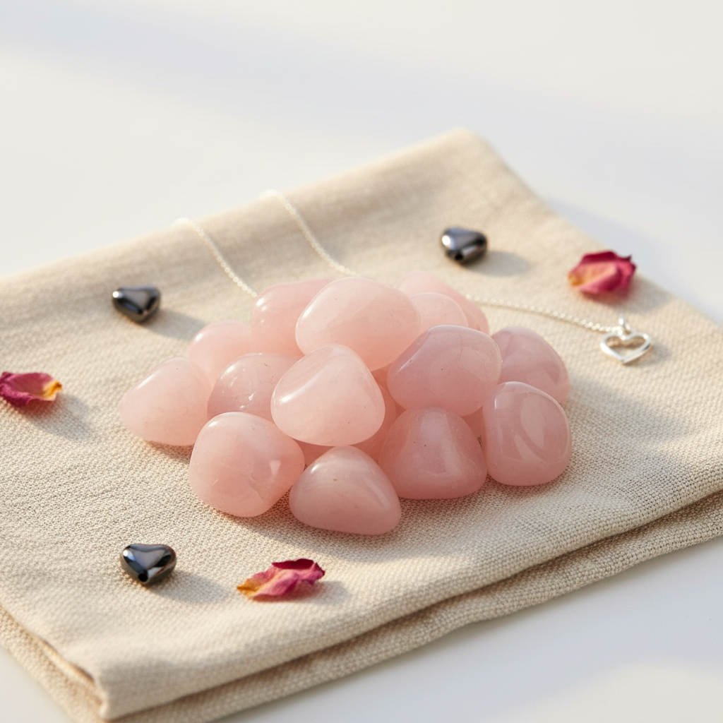 Quarzo rosa burattato - lifestyle su lino