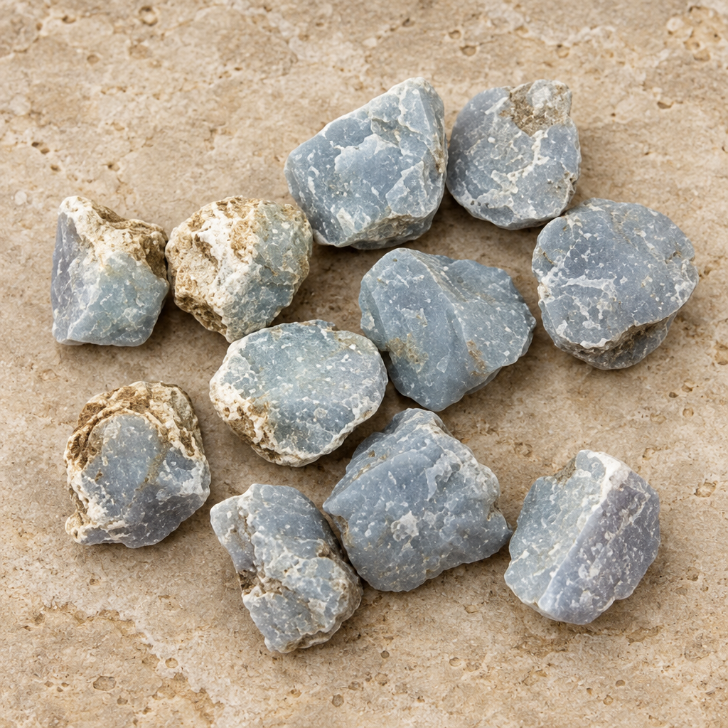 Assortimento di angelite grezza su superficie beige