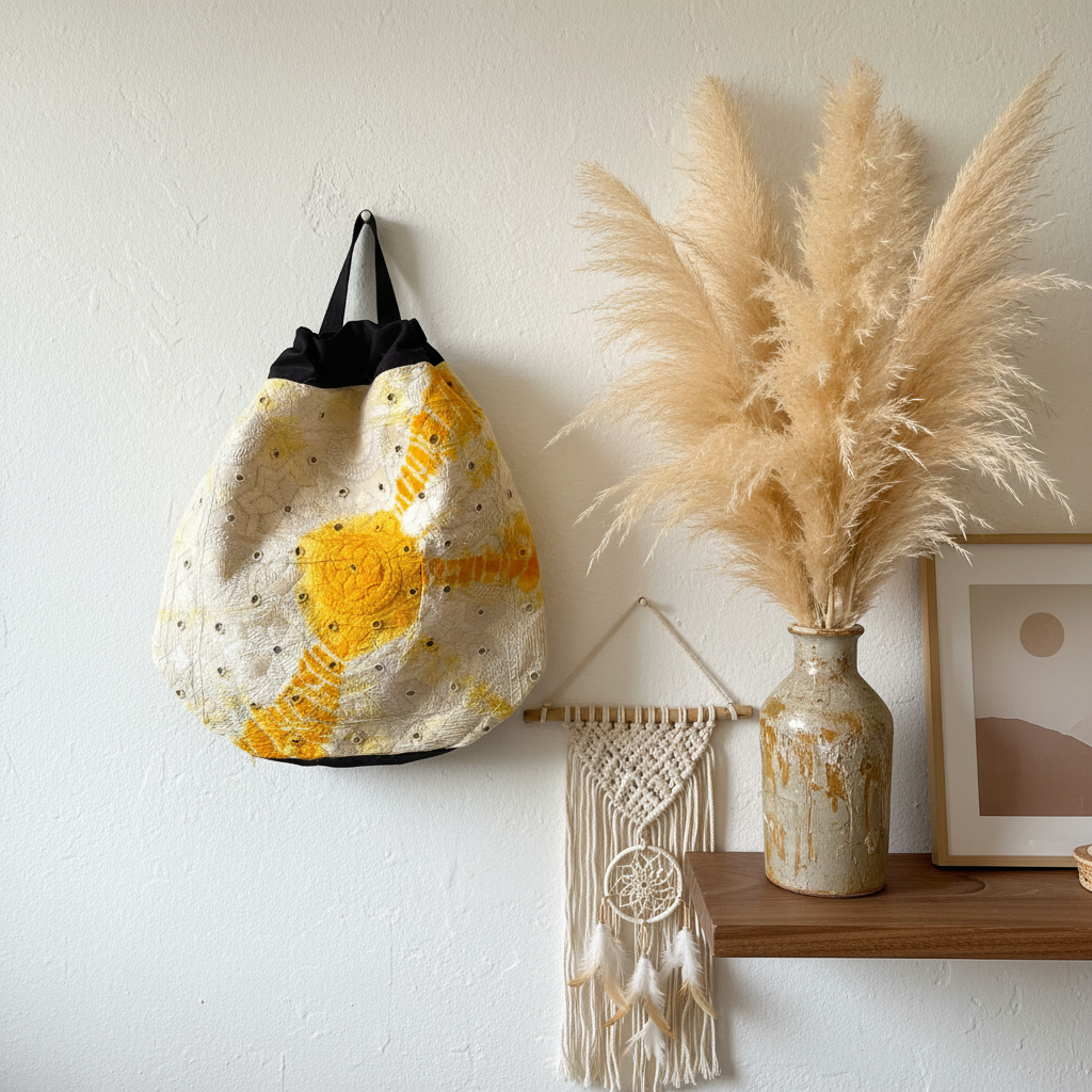 Zaino cotone indiano appeso a parete con decorazioni boho