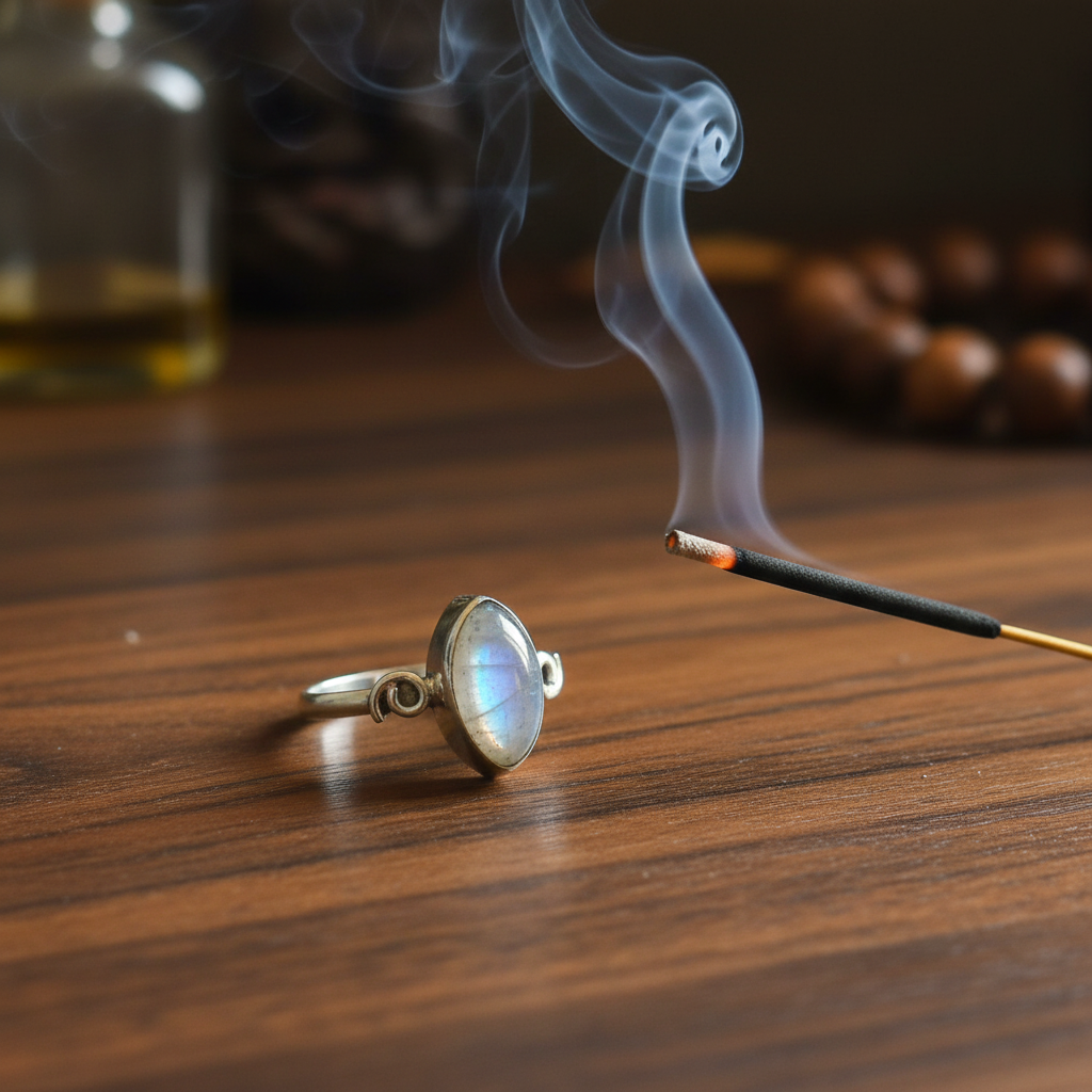 Anello labradorite bianca argento con incenso