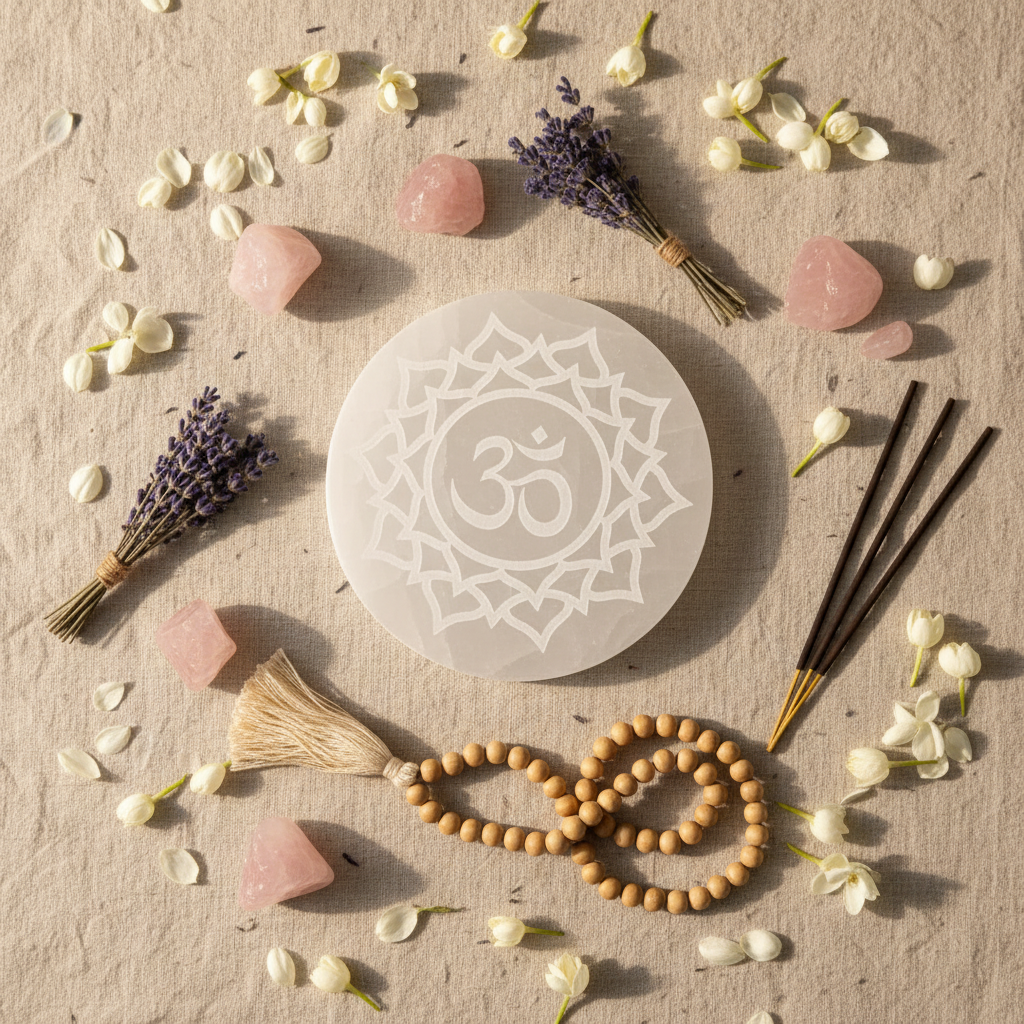 Disco Selenite Om Loto - Flat Lay Meditazione