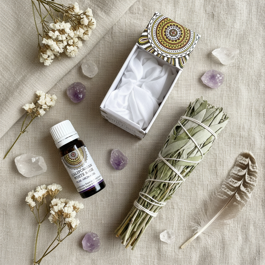 Olio aromatico Goloka California White Sage - composizione con salvia e cristalli su lino