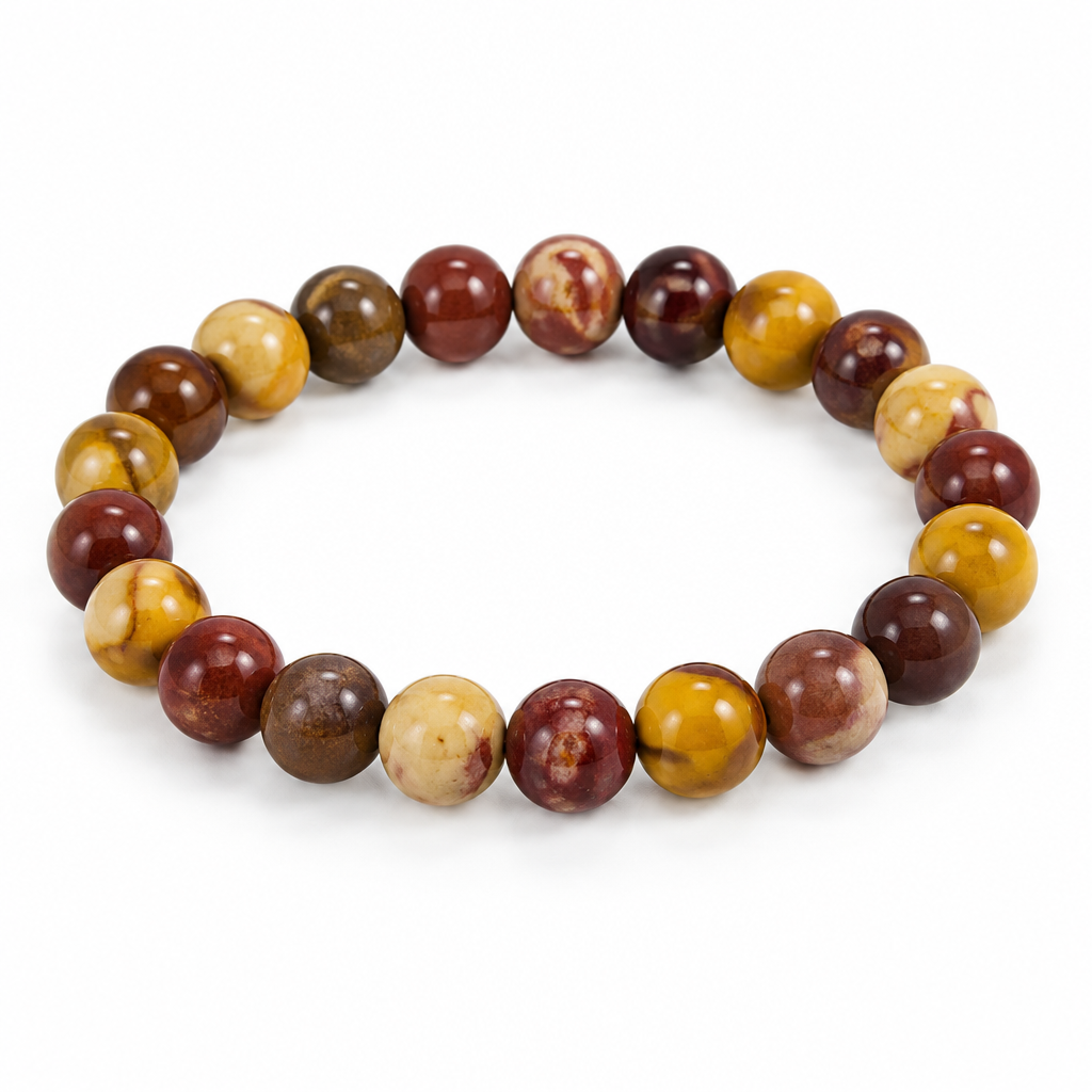 Bracciale in mookaite con perle da 8 mm su fondo bianco