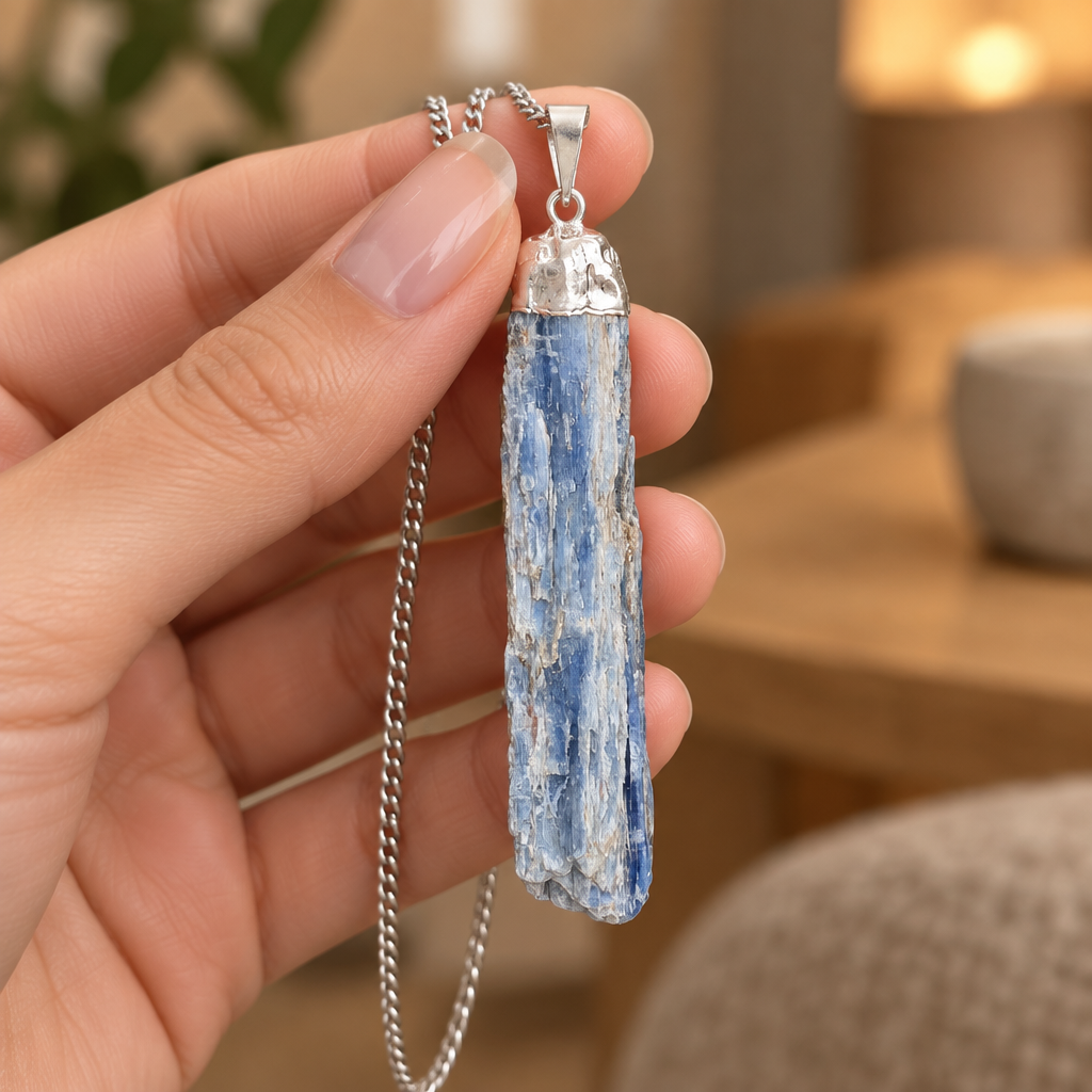 Pendente in cianite con catena tenuto in mano