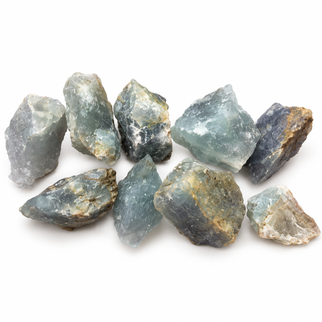 Fluorite blu grezza su fondo bianco