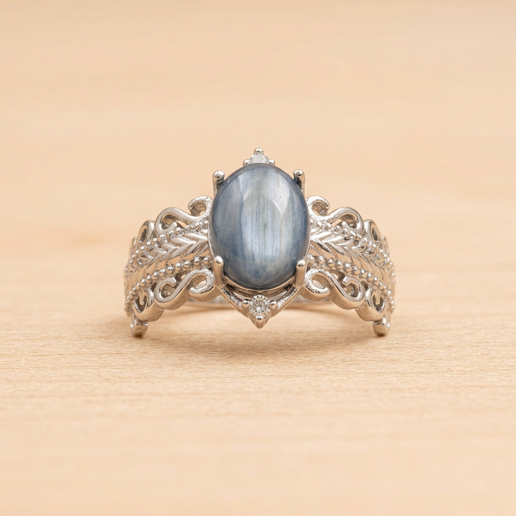 Anello con cianite 322 su legno chiaro