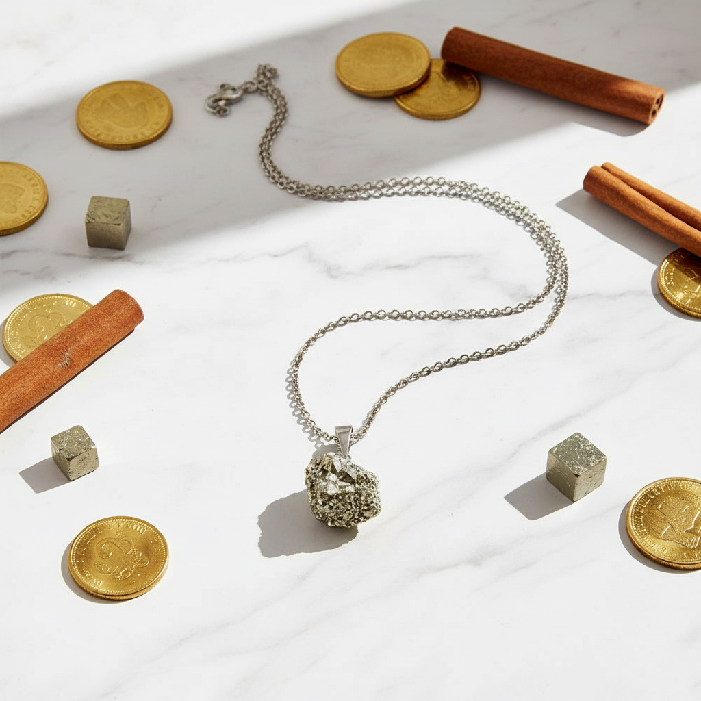 Collana pirite grezza flat lay con monete e cannella su marmo