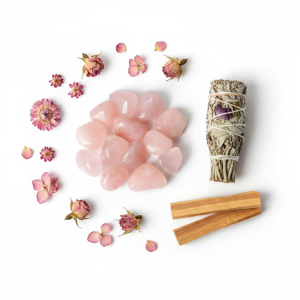 Quarzo rosa burattato - composizione con fiori e salvia