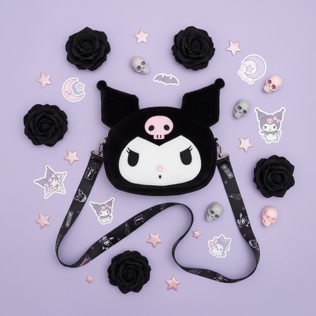Borsa Kuromi - flat lay kawaii con accessori