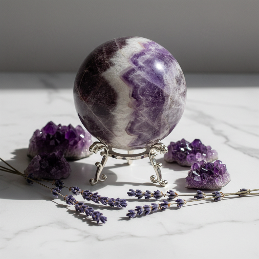 Sfera Ametista Chevron su marmo con cluster e lavanda