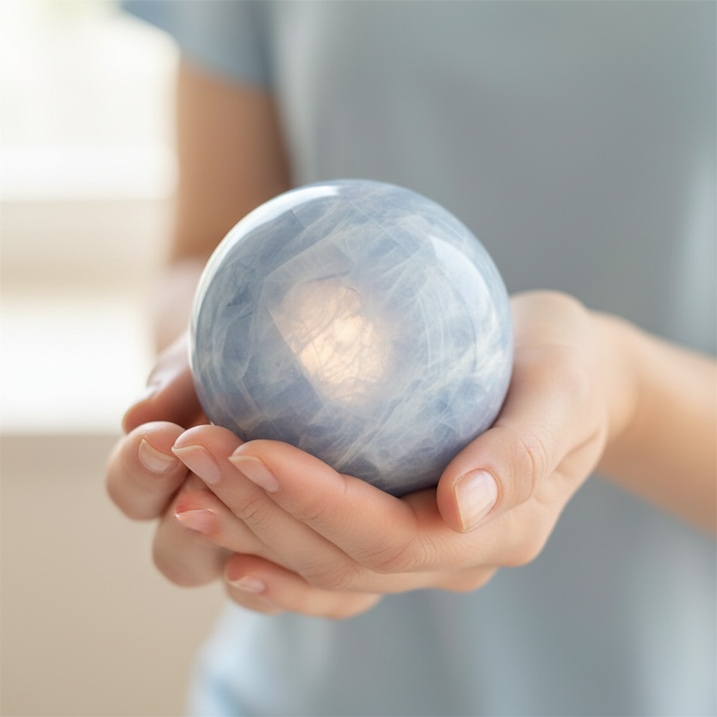 Sfera Calcite Blu tenuta in mano